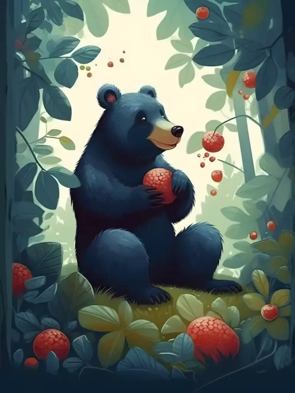 En glad björn äter bär i skogen