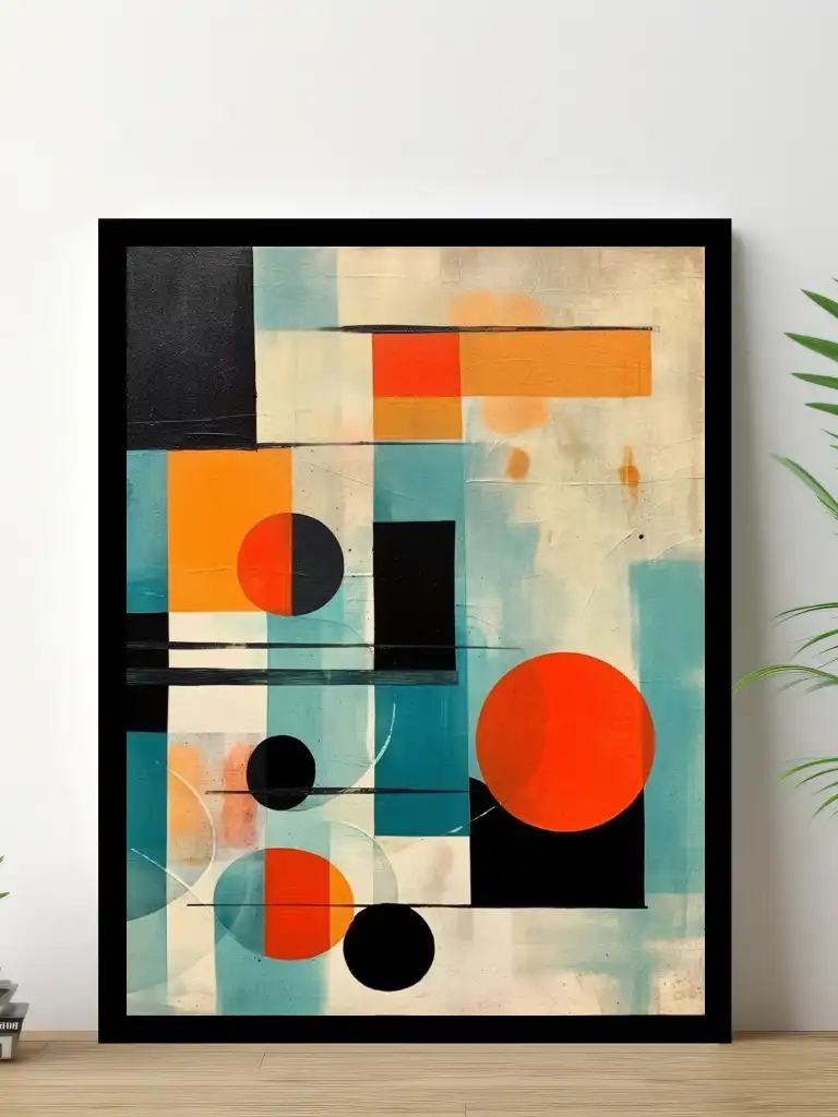 Solens Dans - En Abstrakt Poster i Blått, Orange, Svart och Beige