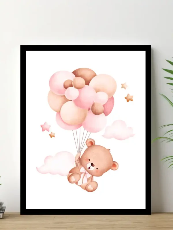 Barnposter med namn – Barntavlor – Teddy med rosa ballonger
