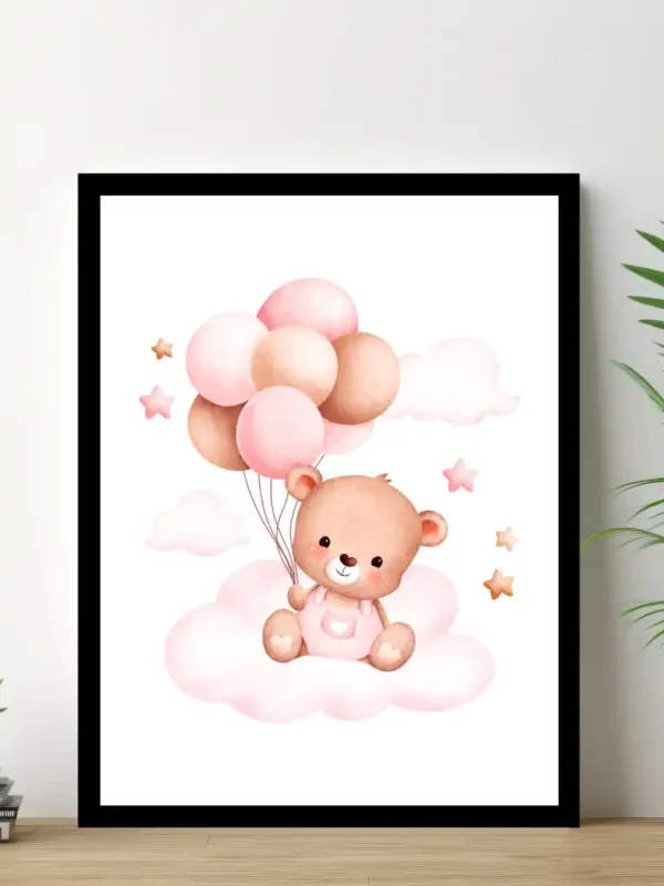 Barnposter med namn – Barntavlor – Björn med rosa ballonger