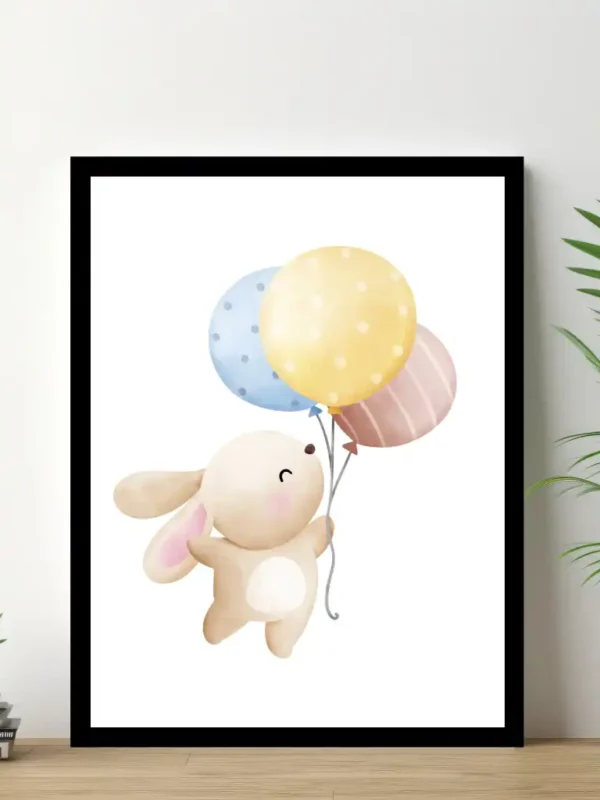 Barnposter med namn – Barntavlor – En glad kanin med ballonger