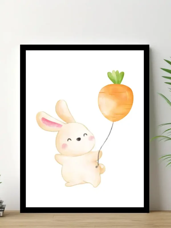 Barnposter med namn – Barntavlor – Kaninen med en morotsluftballong