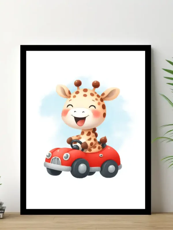 Barnposter med namn – Barntavlor – Giraff kör bil