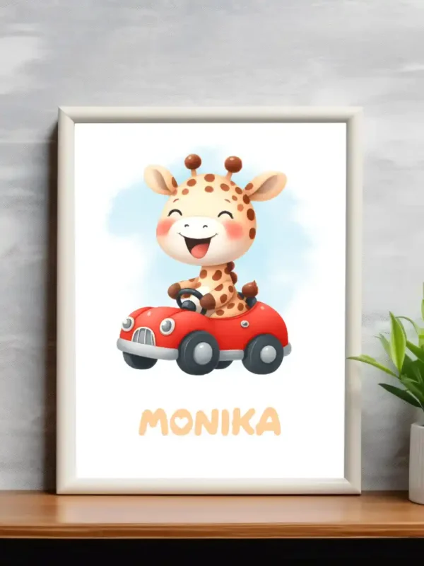 Barnposter med namn – Barntavlor – Giraff kör bil