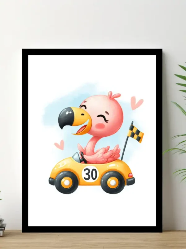 Barnposter med namn – Barntavlor – Flamingo kör bil