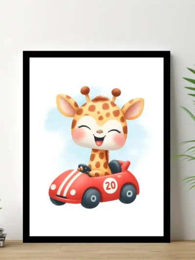 Barnposter med/utan namn - barntavlor, barn posters tavla barnrum - Giraff kör bil 2