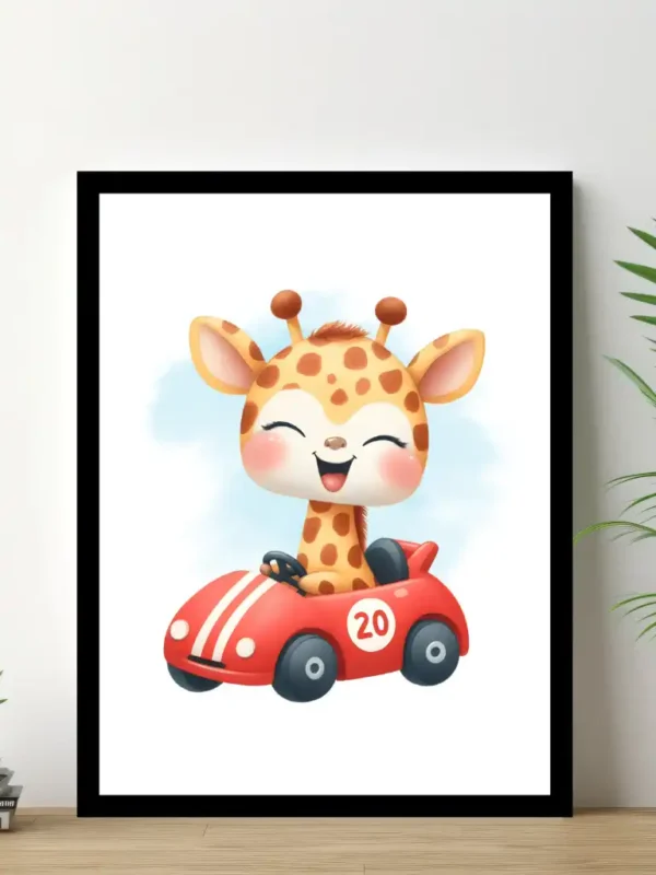Barnposter med namn – Barntavlor – Giraff kör bil 2
