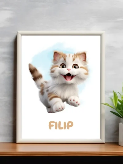 Barnposter med namn - Poster för barnrum - Glad springande katt