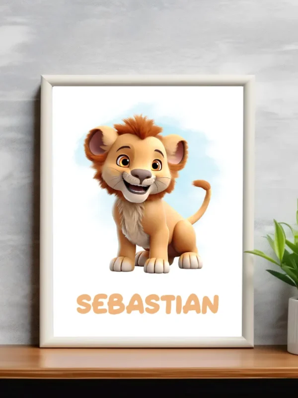 Barnposter med namn – Poster för barnrum – Glad lion