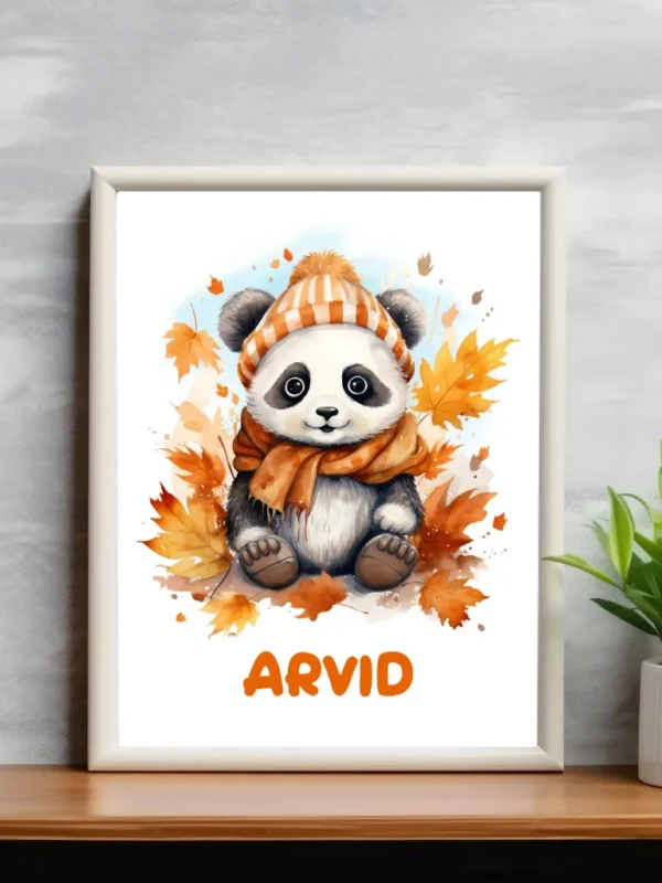 Barnposter med namn – Poster för barnrum – Höst panda björn