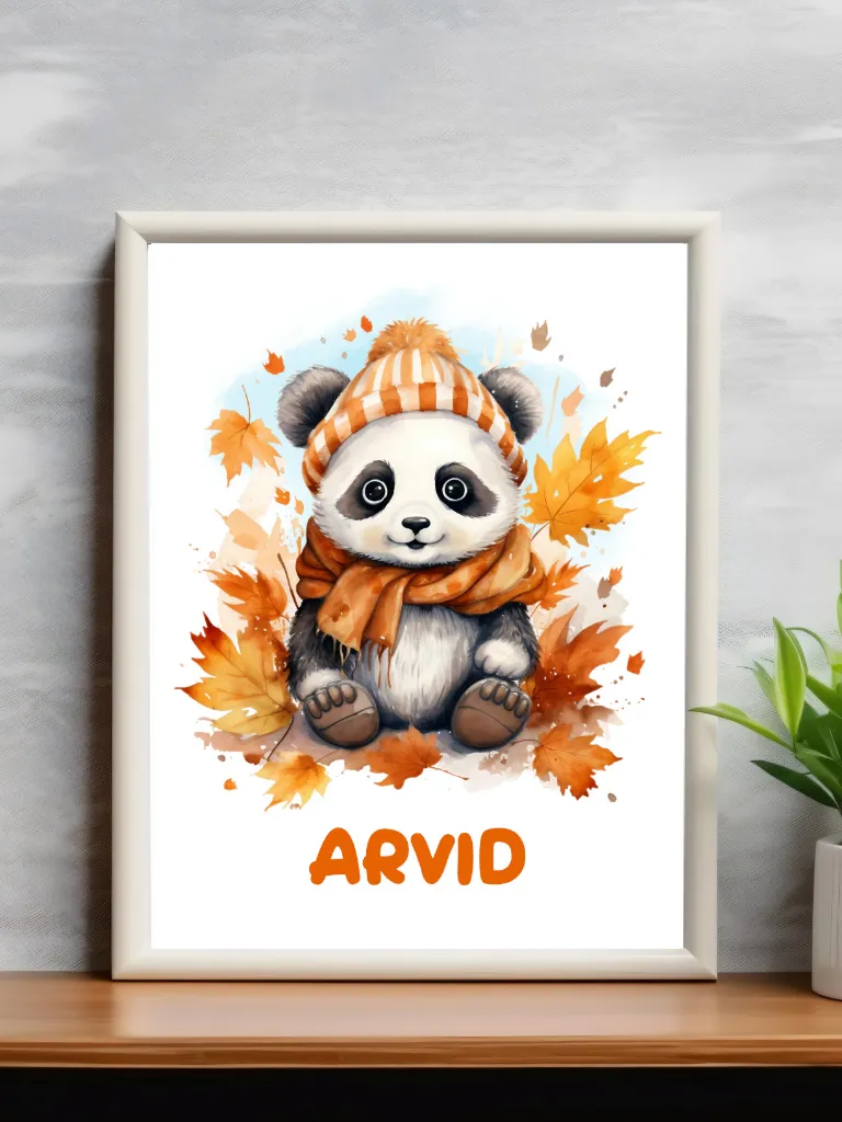 Barnposter med namn - Poster för barnrum - Höst panda björn