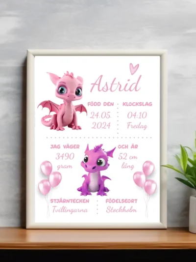 Doptavla med namn och födelseuppgifter - Rosa baby drakar