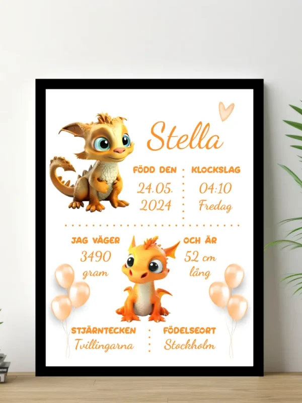 Doptavla med namn och födelseuppgifter – Orange baby drakar